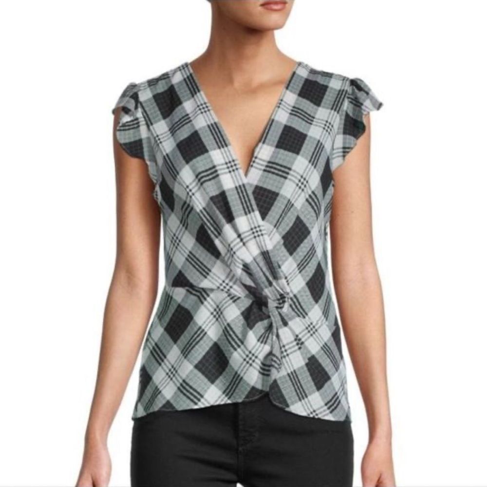 Laundry By Shelli Segal Black and White Plaid Knot Front Top size Large